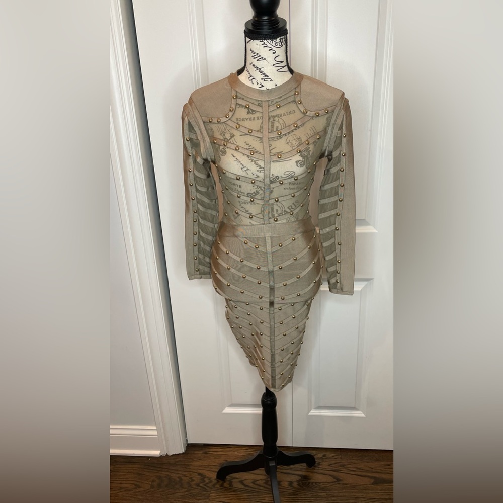 Boutique Olive Green and gold button bandage dress